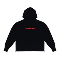 a black hoodie with a red logo on it