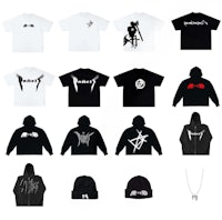 a collection of black and white t - shirts and hats