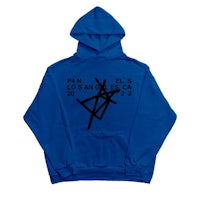 a blue hoodie with a black triangle on it