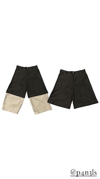 a pair of black and tan shorts on a white background