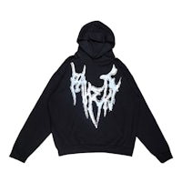 a black hoodie with a white logo on it